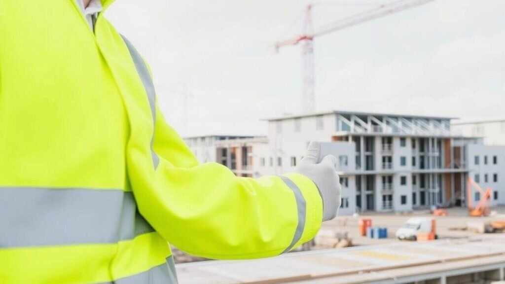 Construction manager reviewing building plans on-site