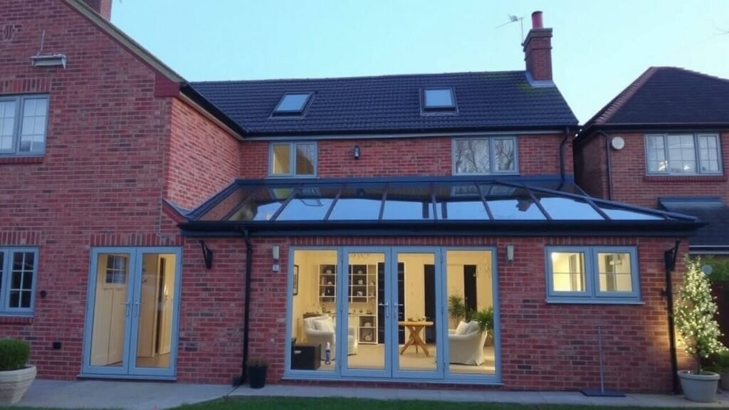 Rear view of a single storey UK house with a spacious garden area.